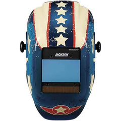 Jackson Safety - 2.36" Window Width x 3.94" Window Height, 9 to 13 Shade Auto-Darkening Lens, Fixed Front Welding Helmet with Digital Controls - Red/White/Blue Stars & Scars Design, Nylon - Exact Industrial Supply