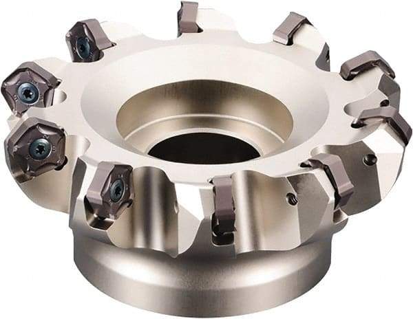 Kyocera - 152.4mm Cut Diam, 50.8mm Arbor Hole, 6mm Max Depth of Cut, 45° Indexable Chamfer & Angle Face Mill - 12 Inserts, PNEU 1205\xB6PNMU 1205 Insert, Right Hand Cut, 12 Flutes, Series MFPN - Exact Industrial Supply