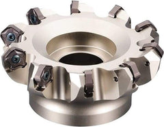 Kyocera - 100mm Cut Diam, 31.75mm Arbor Hole, 6mm Max Depth of Cut, 45° Indexable Chamfer & Angle Face Mill - 6 Inserts, PNEU 12..\xB6PNMU 12.. Insert, Right Hand Cut, 6 Flutes, Series MFPN - Exact Industrial Supply