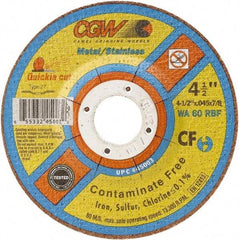 Camel Grinding Wheels - 60 Grit, 4-1/2" Wheel Diam, Type 27 Depressed Center Wheel - Medium Grade, Aluminum Oxide, Resinoid Bond, R Hardness, 13,300 Max RPM - Exact Industrial Supply