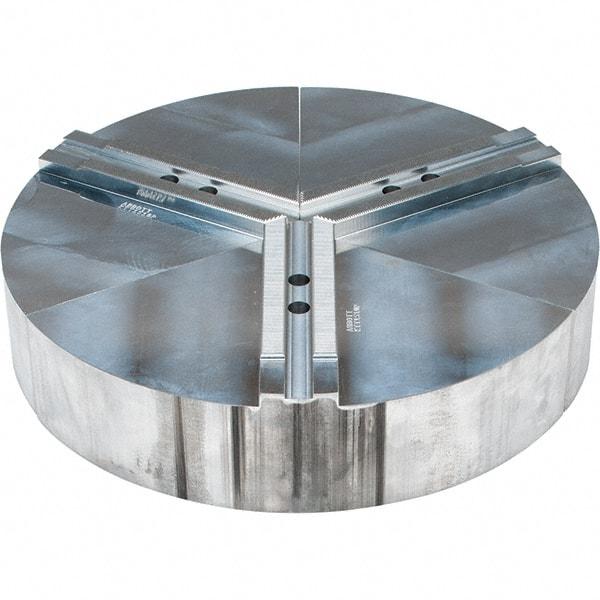 Abbott Workholding Products - 10" Max Chuck Capacity, 1.5mm x 60° Serrated Interface, Round Soft Lathe Chuck Jaw - 3 Jaw, Aluminum, 1.1811" Btw Mount Hole Ctrs, 15" Wide, 3" High, 12mm Fastener - Exact Industrial Supply