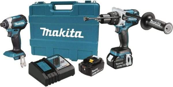 Makita - 18 Volt Cordless Tool Combination Kit - Includes 1/2" Hammer Drill & 1/4" Impact Driver, Lithium-Ion Battery Included - Exact Industrial Supply