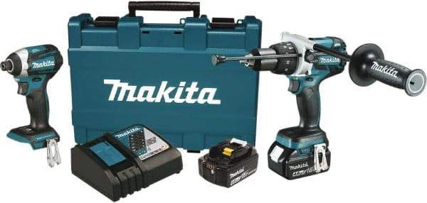 Makita - 18 Volt Cordless Tool Combination Kit - Includes 1/2" Hammer Drill & 1/4" Impact Driver, Lithium-Ion Battery Included - Exact Industrial Supply