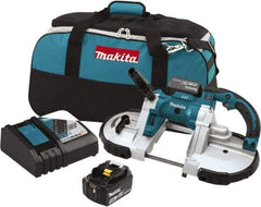 Makita - 18 Volt, 44-7/8" Blade, 530 SFPM Cordless Portable Bandsaw - 4-3/4" (Round) & 4-3/4 x 4-3/4" (Rectangle) Cutting Capacity, Lithium-Ion Battery Included - Exact Industrial Supply
