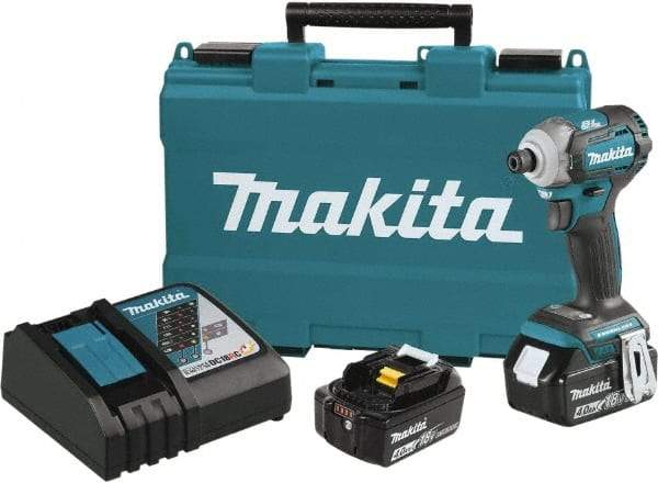 Makita - 18 Volt, 1/2" Drive, 20 Ft/Lb Torque, Cordless Impact Driver - Pistol Grip Handle, 3600 RPM, 2 Lithium-Ion Batteries Included - Exact Industrial Supply