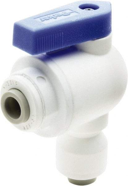 Parker - 1/4 x 3/8" Pipe, Full Port, Polypropylene Valve Elbow Union Ball Valve - Bi-Directional, Push-to-Connect x Push-to-Connect Ends, Wedge Handle, 150 WOG - Exact Industrial Supply