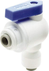 Parker - 1/4" Pipe, Full Port, Polypropylene Valve Elbow Union Ball Valve - Bi-Directional, Push-to-Connect x Push-to-Connect Ends, Wedge Handle, 150 WOG - Exact Industrial Supply