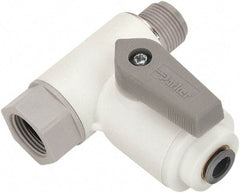 Parker - 3/8 x 1/2" Pipe, Full Port, Polypropylene Valve Angle Stop Ball Valve - Bi-Directional, Push-to-Connect x MNPT x FNPT Ends, Wedge Handle, 150 WOG - Exact Industrial Supply