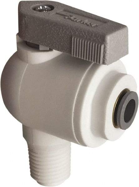 Parker - 1/8" Pipe, Full Port, Polypropylene Valve Male Elbow Ball Valve - Bi-Directional, MNPT x Push-to-Connect Ends, Wedge Handle, 150 WOG - Exact Industrial Supply