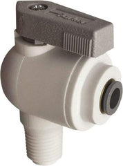 Parker - 3/8" Pipe, Full Port, Polypropylene Valve Male Elbow Ball Valve - Bi-Directional, MNPT x Push-to-Connect Ends, Wedge Handle, 150 WOG - Exact Industrial Supply