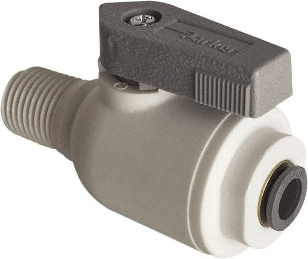 Parker - 1/4" Pipe, Full Port, Polypropylene Valve Male Connector Ball Valve - Bi-Directional, MNPT x Push-to-Connect Ends, Wedge Handle, 150 WOG - Exact Industrial Supply