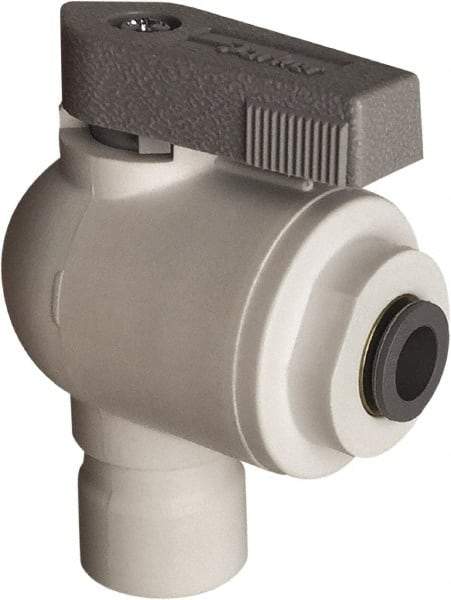 Parker - 3/8" Pipe, Full Port, Polypropylene Valve Elbow Union Ball Valve - Bi-Directional, Push-to-Connect x Push-to-Connect Ends, Wedge Handle, 150 WOG - Exact Industrial Supply