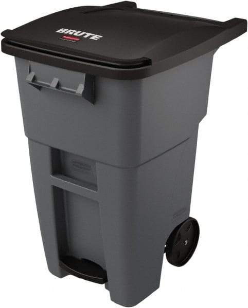 Rubbermaid - 50 Gal Gray Rectangle Trash Can - Plastic, None Graphic, 39.58" High x 24" Wide, Lid Included - Exact Industrial Supply