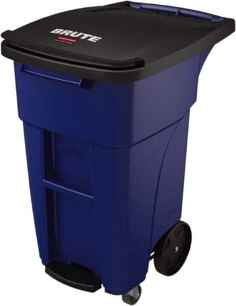 Rubbermaid - 32 Gal Blue Rectangle Trash Can - Plastic, None Graphic, 37.16" High x 20.62" Wide, Lid Included - Exact Industrial Supply