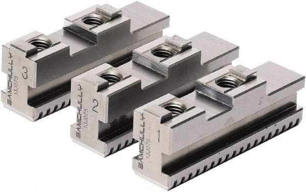 Samchully - 260mm Max Chuck Capacity, Tongue & Groove Interface, Square Soft Lathe Chuck Jaw - 3 Jaw, Steel, 40mm Btw Mount Hole Ctrs, 125mm Long, 30mm Wide, 55mm High, 12mm Groove, M12mm Fastener - Exact Industrial Supply