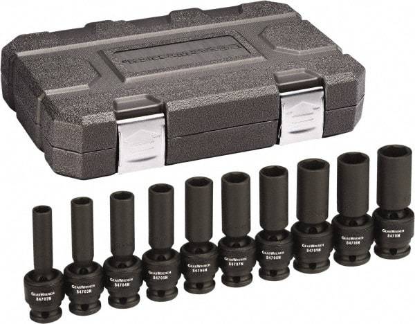 GearWrench - 10 Piece 1/2" Drive Black Finish Deep Well Impact Socket Set - 6 Points, 10mm to 19mm Range, Metric Measurement Standard - Exact Industrial Supply