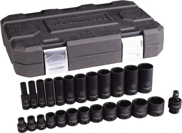 GearWrench - 25 Piece 3/8" Drive Black Finish Deep Well Impact Socket Set - 6 Points, 5/16" to 1" Range, Inch Measurement Standard - Exact Industrial Supply