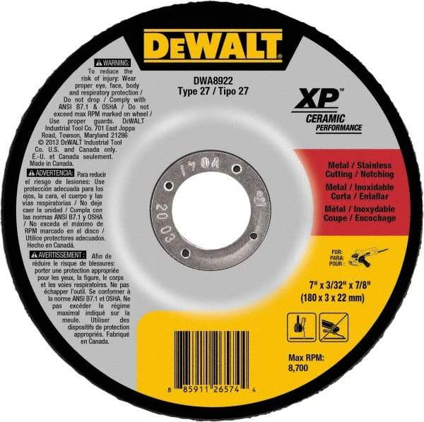 DeWALT - 24 Grit, 7" Wheel Diam, 7/8" Arbor Hole, Type 27 Depressed Center Wheel - Coarse/Medium Grade, Ceramic, N Hardness, 8,700 Max RPM - Exact Industrial Supply