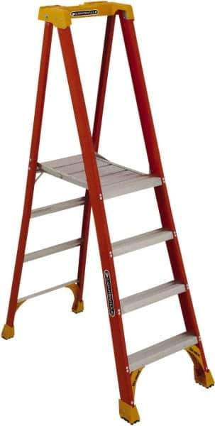 Louisville - 3 Steps, 4' High, Type IA Rating, Fiberglass Platform Ladder - 300 Lb Capacity, 24-7/8" Base Width - Exact Industrial Supply