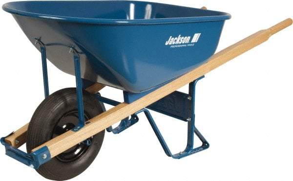 Jackson Professional Tools - 6 Cu Ft Capacity Wheelbarrow with 15" Flat Free Wheel - Wood Handle, 58-3/4" Long x 25-1/2" Wide x 27" High, Blue - Exact Industrial Supply