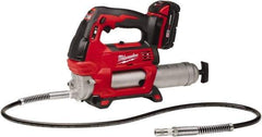 Milwaukee Tool - 10,000 Max psi, Flexible Battery-Operated Grease Gun - 14 oz Capacity, 31 Strokes per oz, Includes Grease Gun, Gauge Hose Assembly, Coupler, 18 V Rechargeable Battery, 30-Minute Charger, Carrying Case & Carrying Strip - Exact Industrial Supply