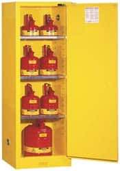 Justrite - 1 Door, 3 Shelf, Yellow Steel Space Saver Safety Cabinet for Flammable and Combustible Liquids - 65" High x 23-1/4" Wide x 18" Deep, Self Closing Door, 22 Gal Capacity - Exact Industrial Supply