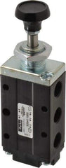 Parker - 0.83 CV Rate, 1/4" NPT Inlet Direct Air 4 Mechanical Spool Valve - 4 Way, 2 Position, 150 Max psi, Button Spring Return - Exact Industrial Supply