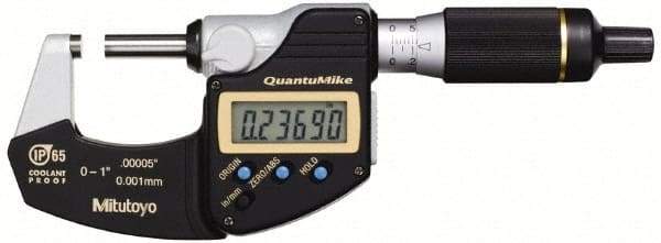 Mitutoyo - 0.001 mm Resolution, Standard Throat, Electronic Outside Micrometer - Includes Stand - Exact Industrial Supply