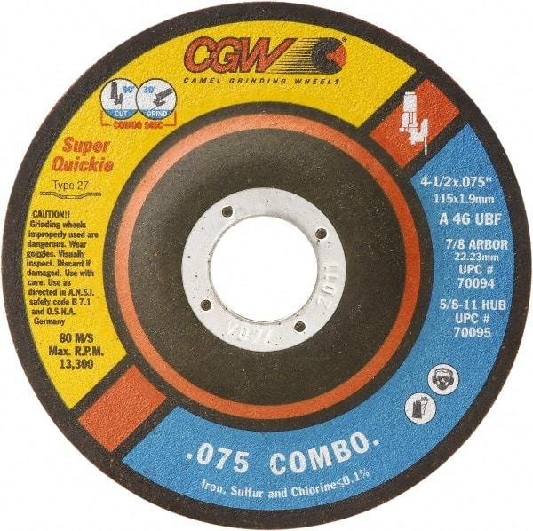 Camel Grinding Wheels - 46 Grit, 5" Wheel Diam, 5/64" Wheel Thickness, 7/8" Arbor Hole, Type 27 Depressed Center Wheel - Medium Grade, Aluminum Oxide, Resinoid Bond, U Hardness, 12,250 Max RPM - Exact Industrial Supply