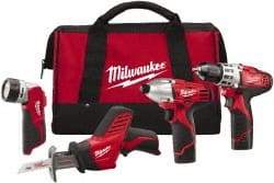 Milwaukee Tool - 12 Volt Cordless Tool Combination Kit - Includes 3/8" Drill/Driver, Reciprocating Saw, 1/4" Hex Impact Driver & Work Light, Lithium-Ion Battery Not Included - Exact Industrial Supply