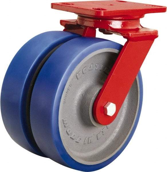 Hamilton - 8" Diam x 2" Wide x 9-3/4" OAH Top Plate Mount Swivel Caster - Polyurethane Mold onto Cast Iron Center, 2,400 Lb Capacity, Tapered Roller Bearing, 4-1/2 x 6-1/2" Plate - Exact Industrial Supply