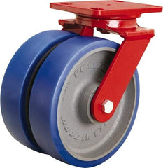 Hamilton - 8" Diam x 2" Wide x 9-3/4" OAH Top Plate Mount Swivel Caster - Polyurethane Mold onto Cast Iron Center, 2,400 Lb Capacity, Tapered Roller Bearing, 4-1/2 x 6-1/2" Plate - Exact Industrial Supply