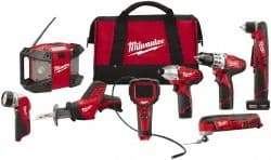 Milwaukee Tool - 12 Volt Cordless Tool Combination Kit - Includes 3/8" Drill/Driver, 3/8" Right Angle Drill Driver, Reciprocating Saw, Multi-Tool, 1/4" Hex Impact Driver & Radio, Lithium-Ion Battery Not Included - Exact Industrial Supply