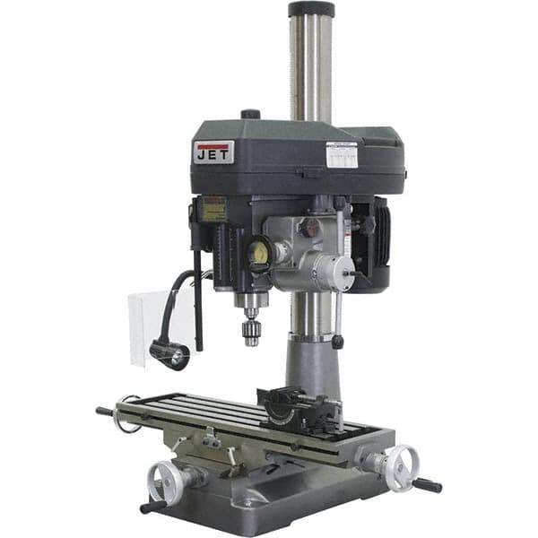 Jet - 1 Phase, 15-7/8" Swing, Variable Speed Pulley Mill Drill Combination - 9-1/2" Table Length x 32-1/4" Table Width, 20-1/2" Longitudinal Travel, 7" Cross Travel, 12 Spindle Speeds, 2 hp, 230 Volts - Exact Industrial Supply