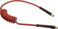 PRO-SOURCE - 1/4" ID, 1/4 Thread, 5' Long, Red Polyurethane Coiled & Self Storing Hose - 220 Max psi, Male Swivel x Male Swivel - Exact Industrial Supply