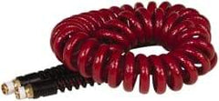 PRO-SOURCE - 1/4" ID, 1/4 Thread, 15' Long, Red Polyurethane Coiled & Self Storing Hose - 220 Max psi, Male Swivel x Male Swivel - Exact Industrial Supply