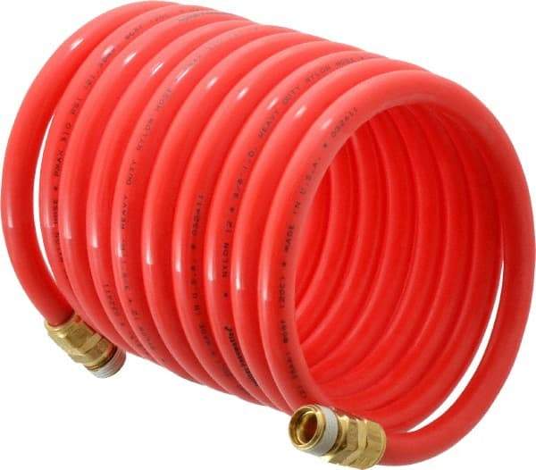 PRO-SOURCE - 3/8" ID, 3/8 Thread, 12' Long, Red Nylon Coiled & Self Storing Hose - 310 Max psi, Male Swivel x Male Swivel - Exact Industrial Supply