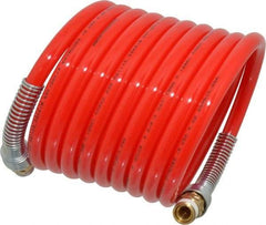 PRO-SOURCE - 3/8" ID, 3/8 Thread, 12' Long, Red Nylon Coiled & Self Storing Hose - 225 Max psi, Male Swivel x Male Swivel - Exact Industrial Supply