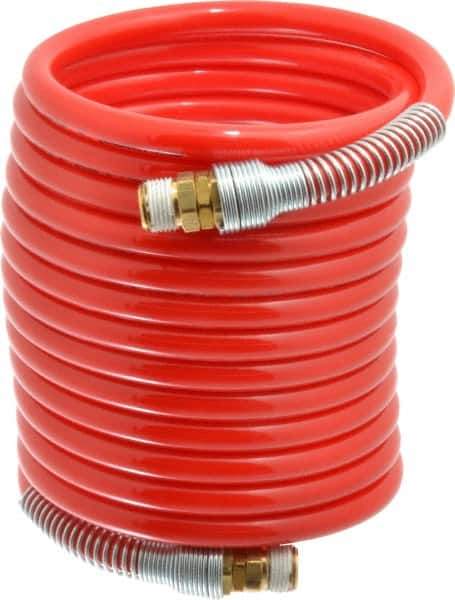 PRO-SOURCE - 3/8" ID, 3/8 Thread, 17' Long, Red Nylon Coiled & Self Storing Hose - 225 Max psi, Male Swivel x Male Swivel - Exact Industrial Supply