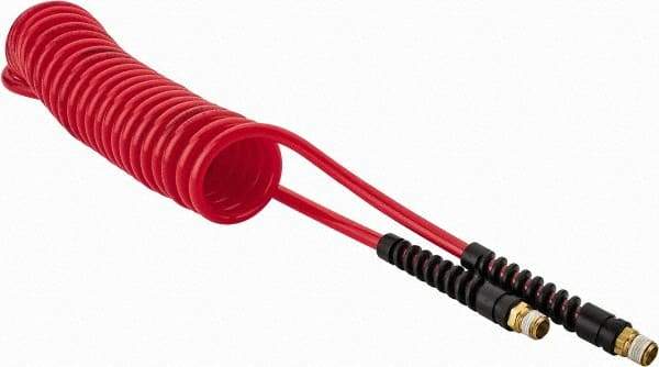 PRO-SOURCE - 1/4" ID, 1/4 Thread, 15' Long, Red Polyurethane Coiled & Self Storing Hose - 147 Max psi, Male Swivel x Male Swivel - Exact Industrial Supply