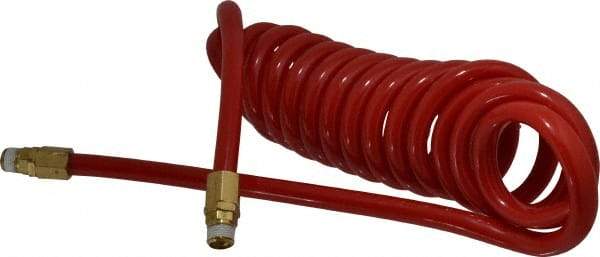 PRO-SOURCE - 1/2" ID, 1/2 Thread, 15' Long, Red Polyurethane Coiled & Self Storing Hose - 120 Max psi, Male Swivel x Male Swivel - Exact Industrial Supply