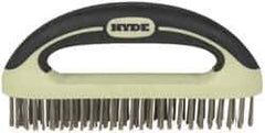 Hyde Tools - 1-1/8 Inch Trim Length Stainless Steel Scratch Brush - 8" Brush Length, 8" OAL, 1-1/8" Trim Length, Plastic with Rubber Overmold Ergonomic Handle - Exact Industrial Supply
