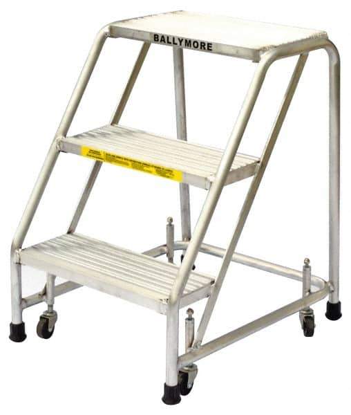 Ballymore - 28-1/2" 3 Step Ladder - Rolling Safety Ladder, 300 Lb Capacity, 28-1/2" Platform Height, 20" Base Width x 25" Base Depth, Heavy-Duty Serrated Grating - Exact Industrial Supply