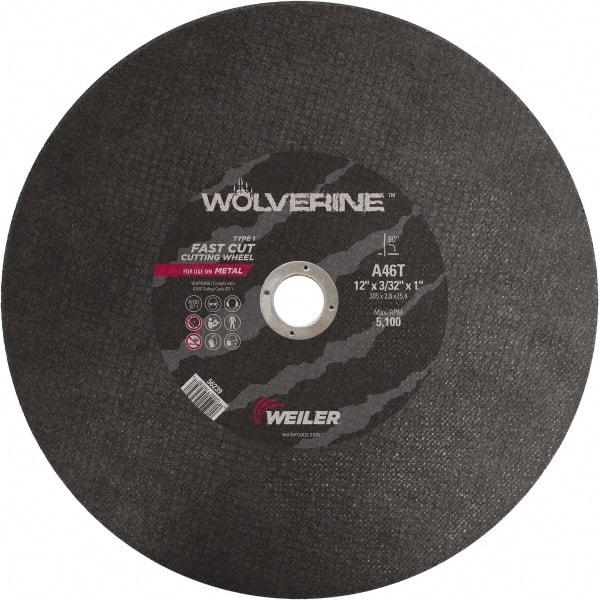 Weiler - 12" 46 Grit Aluminum Oxide Cutoff Wheel - 3/32" Thick, 1" Arbor, 5,100 Max RPM, Use with Chop Saws - Exact Industrial Supply