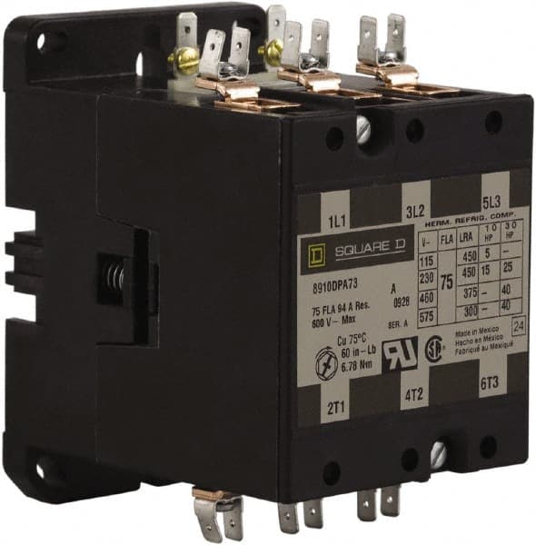 Square D - 3 Pole, 75 Amp Inductive Load, 440 Coil VAC at 50 Hz and 480 Coil VAC at 60 Hz, Definite Purpose Contactor - Exact Industrial Supply