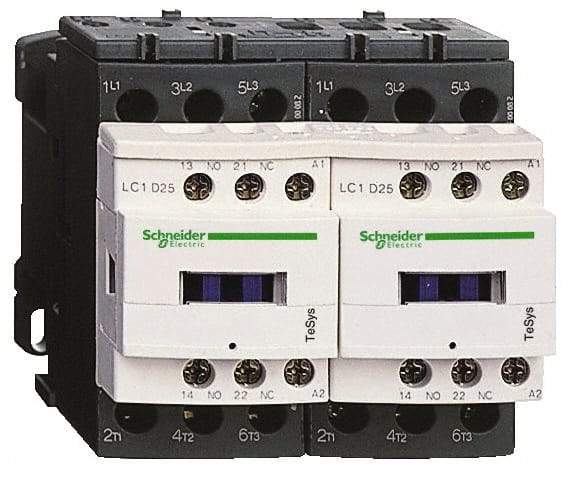 Schneider Electric - 3 Pole, 24 Coil VAC at 50/60 Hz, 12 Amp at 440 VAC, Reversible IEC Contactor - 1 Phase hp: 1 at 115 VAC, 2 at 230/240 VAC, 3 Phase hp: 10 at 575/600 VAC, 3 at 200/208 VAC, 3 at 230/240 VAC, 7.5 at 460/480 VAC - Exact Industrial Supply