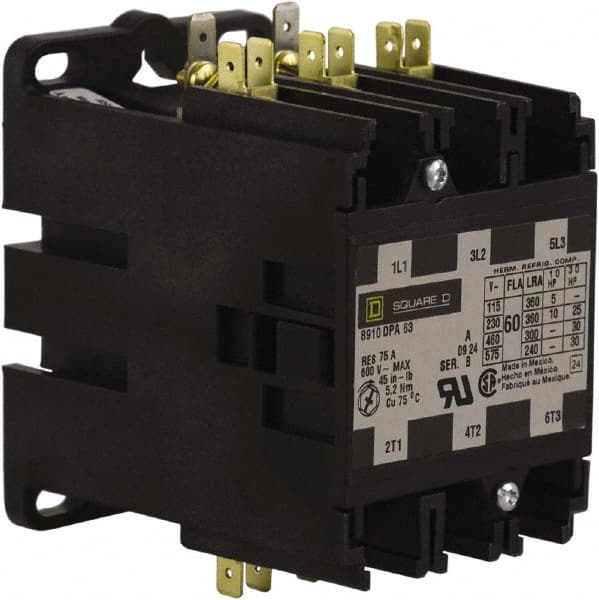 Square D - 3 Pole, 60 Amp Inductive Load, 440 Coil VAC at 50 Hz and 480 Coil VAC at 60 Hz, Definite Purpose Contactor - Exact Industrial Supply