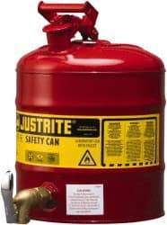 Justrite - 5 Gal Galvanized Steel Self-Closing, Self-Venting, Full-Length Flame Arrester with Bottom Faucet - 16-7/8" High x 11-3/4" Diam, Red with Yellow - Exact Industrial Supply