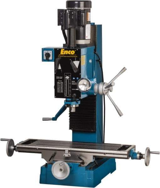 Enco - 1 Phase, Mill Drill Combination - 37-1/2" Table Length x 28" Table Width, 22" Longitudinal Travel, 8" Cross Travel, 6 Spindle Speeds, 2 hp, 220 Volts - Exact Industrial Supply