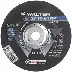 WALTER Surface Technologies - 46 Grit, 7" Wheel Diam, 1/16" Wheel Thickness, 7/8" Arbor Hole, Type 27 Depressed Center Wheel - Aluminum Oxide/Silicon Carbide Blend, Resinoid Bond, 8,600 Max RPM - Exact Industrial Supply